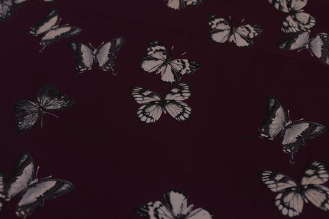 REM 1.6 Metres Of A Monochrome Butterflies Print Polyester Georgette Dress Fabric (Aubergine Black)