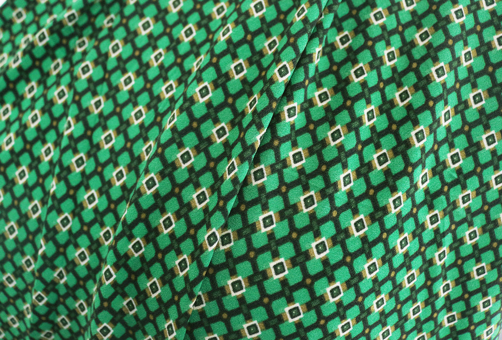 Elegant Autumnal Geometric Squares Print Polyester Peach Skin Dress Fabric (Bright Green)