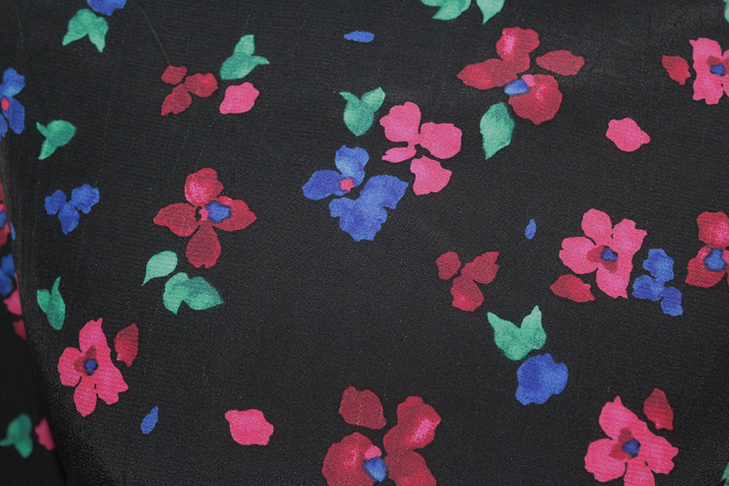 Block Style Floral Print 100% Turkish Viscose/Rayon Marocain Dress Fabric (Black)