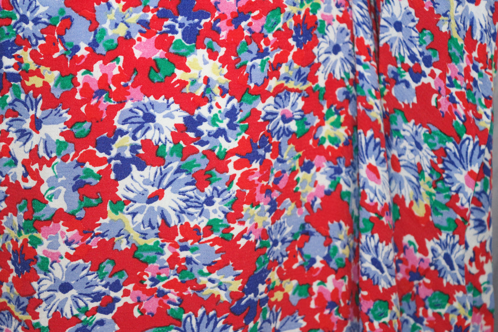 Patriotic Floral Print 100% Turkish Viscose/Rayon Marocain Dress Fabric (Red)