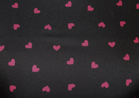 Sweet Falling Hearts Print Polyester Spandex Silky Satin Dress Fabric (Black/Cerise)