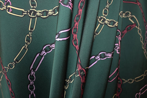 2 Metre Piece Crazy Dark & Rich Linked Chain Print Polyester Silky Satin Dress Fabric (Deep Green)