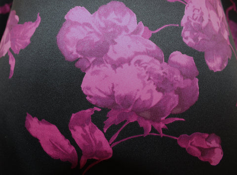 Dark & Rich Pom Pom Rose Print Polyester Spandex Silky Satin Dress Fabric (Black)