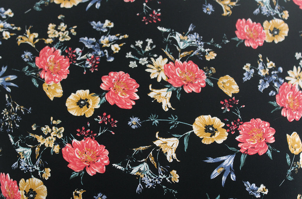 Regal Elizabethan Floral Print 100% Spun Viscose/Rayon Dress Fabric (Black)