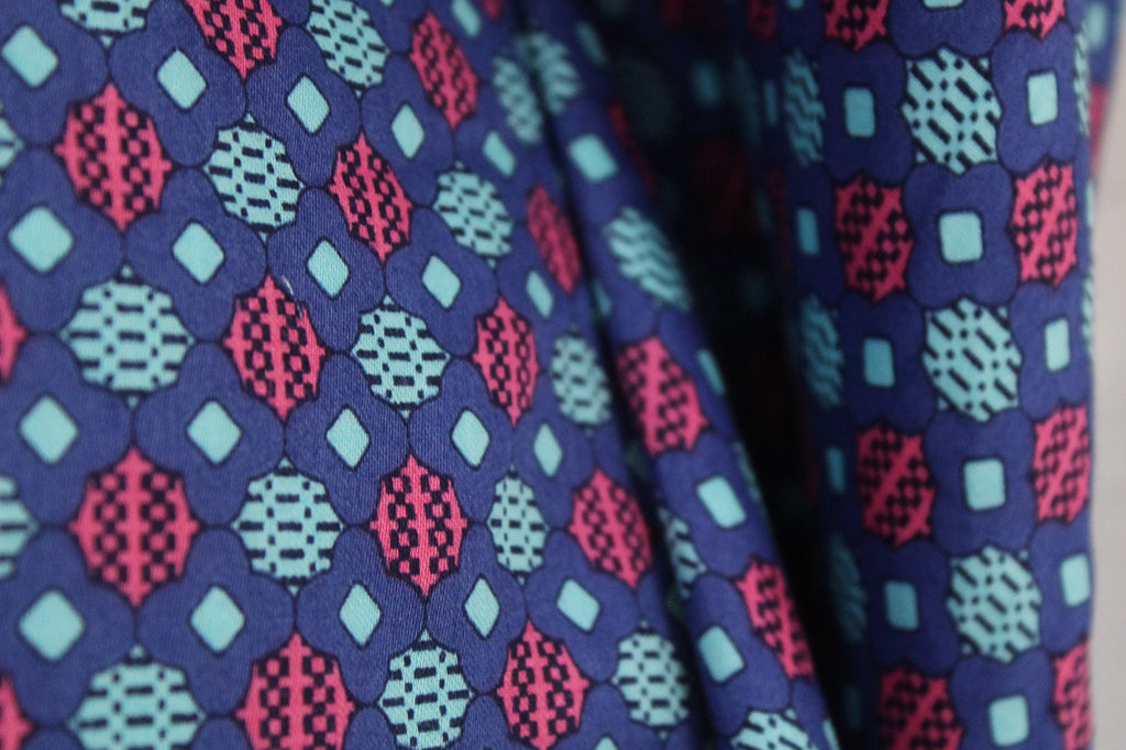 "Bagattelle Africane Felici" Italian 100% Rayon Sateen Print Dress Fabric (Deep Mauvish Blue)