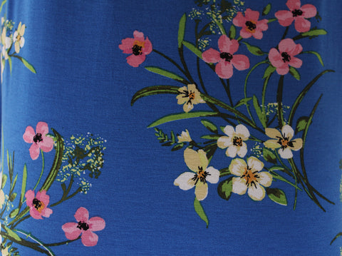 Fresh 2 Metre Piece Of Spring Floral Print Viscose Elastane Jersey Dress Fabric (Cobalt)