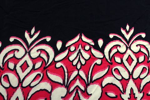 2.5 Metre Piece Of Funky Regal Border Print Viscose Marocain Dress Fabric (Cerise/Ivory/Black)
