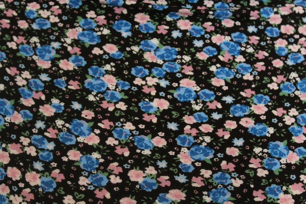 1.5 Metre Piece Of Cutsie Ditsy Buds Print Viscose Elastane Jersey Dress Fabric (Black/Blue/Pink)