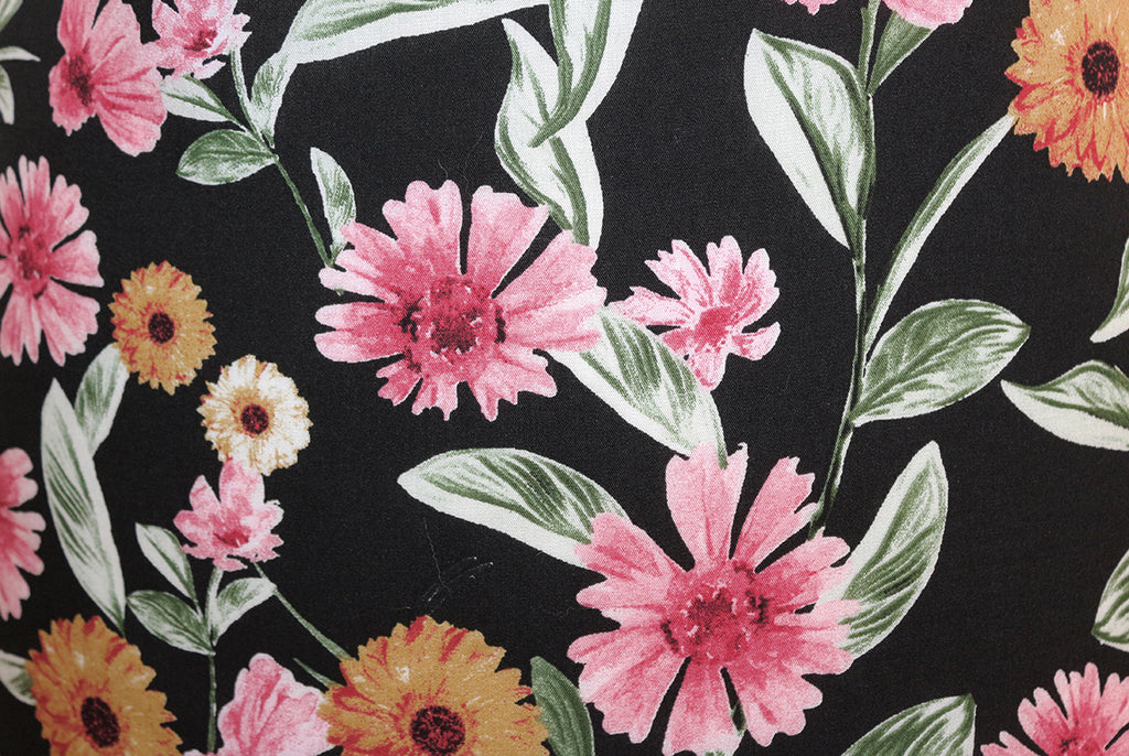 Flirtatious Florals Print 100% Spun Rayon Poplin Dress Fabric (Black/Pink/Mustard)