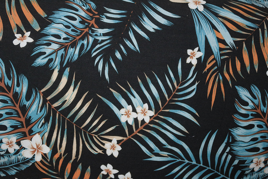 Fabulous Feathered Ferns Print 100% Spun Rayon Poplin Dress Fabric (Black/Blue/Orange)