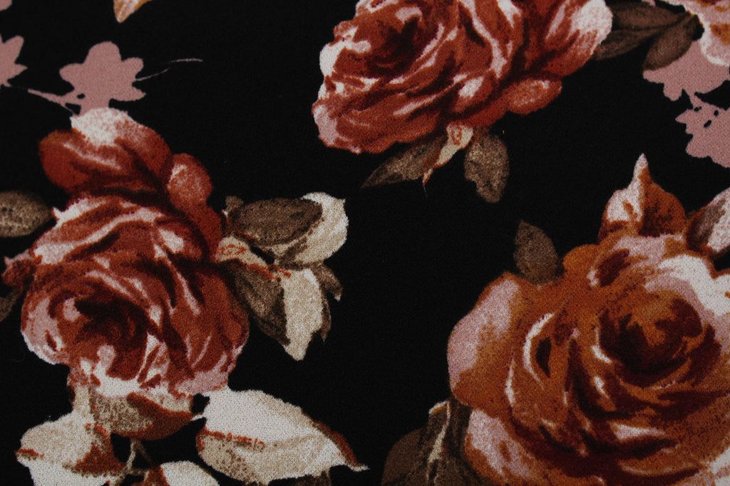 2 Metres "Autumn Rose" Print Crepe Poly Spandex Dress Fabric (Black/Brown)