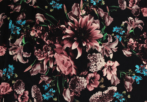 2 Metres Of Plum Orchid & Hydrangea Print Poly Jacquard Ponte Type Jersey Fabric