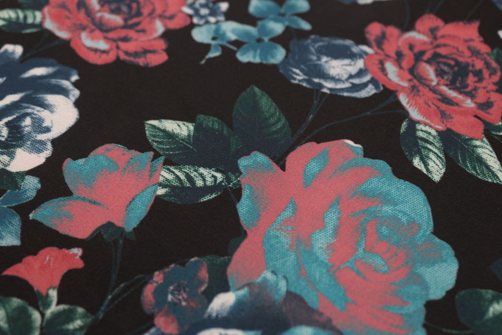 Moody 2 Metre Piece Of Darkened Rose Print Polyester Georgette Dress Fabric (Black)