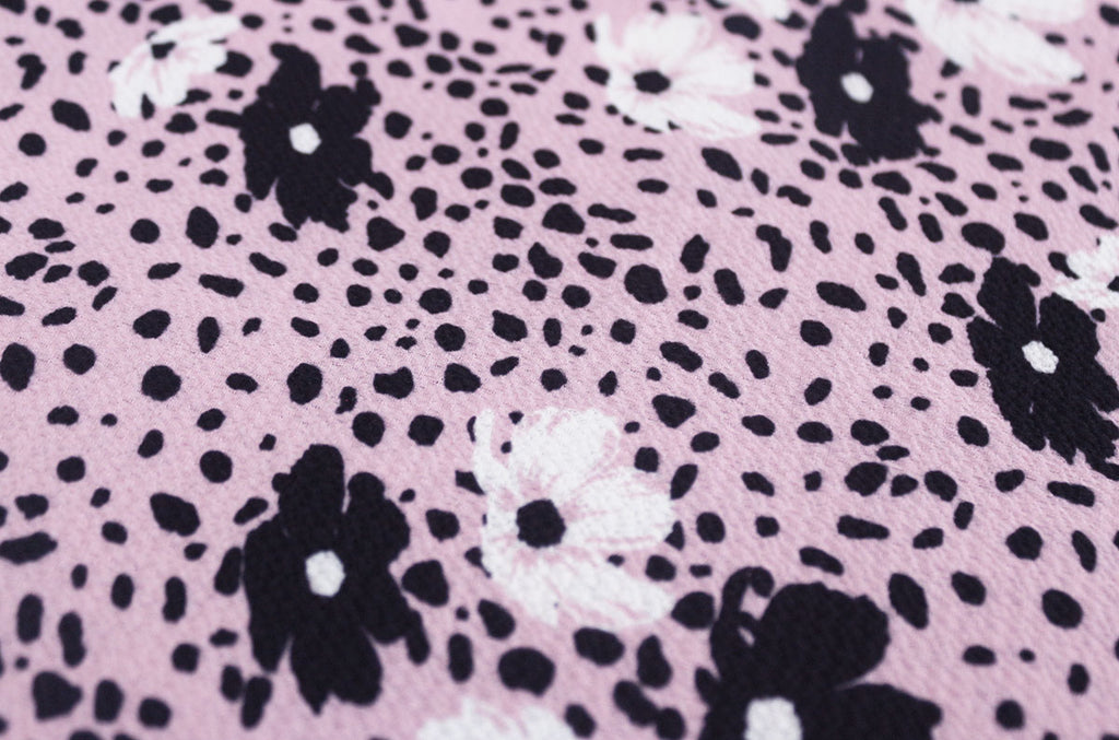 Elegant 2 Metre Piece Of Midsize Floral Print Polyester Bubble Crepe Dress Fabric (Muted Pink/Black/White)